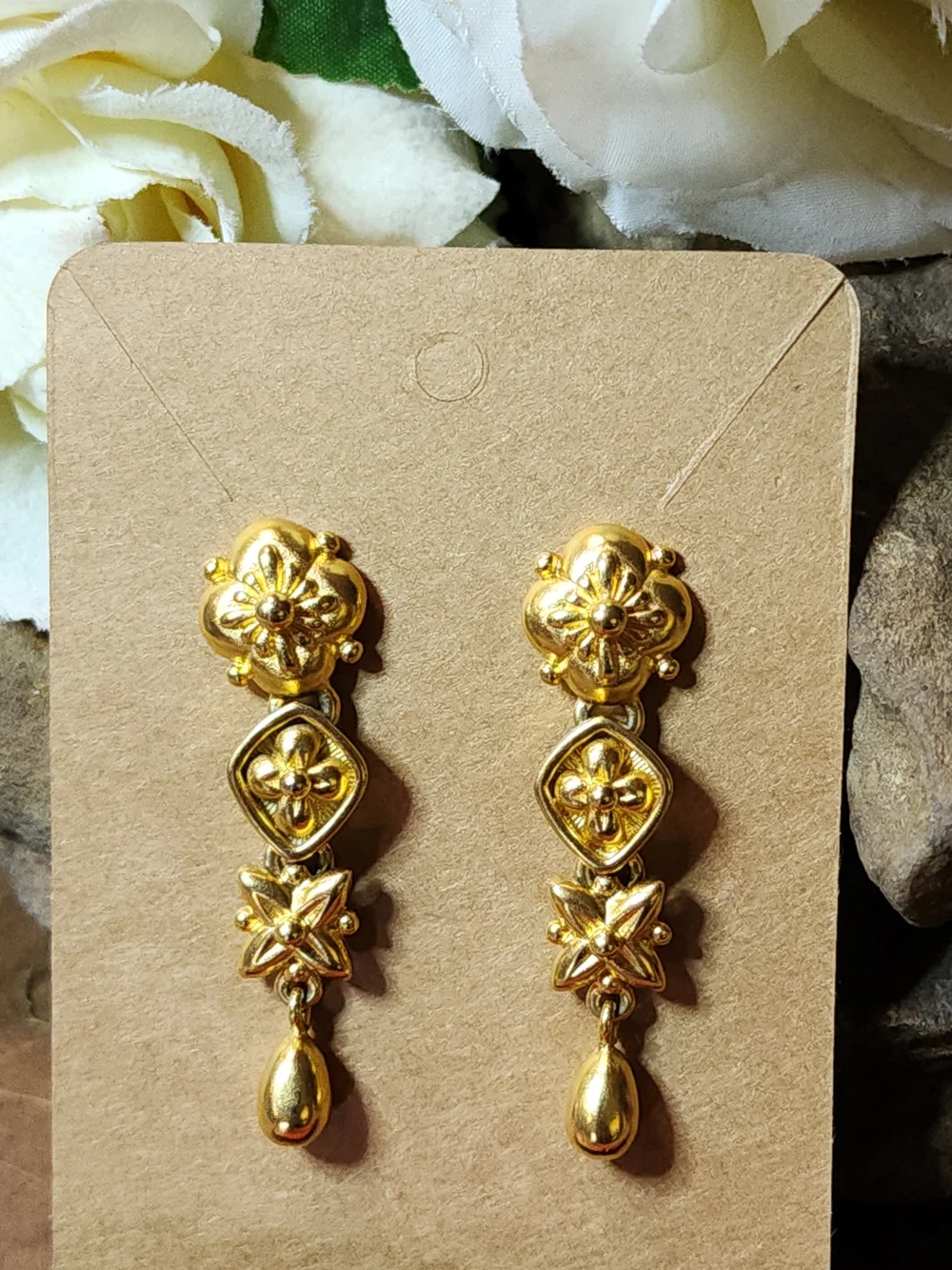 Unique Vintage Gold Floral Drop Earrings - Signed Monet
